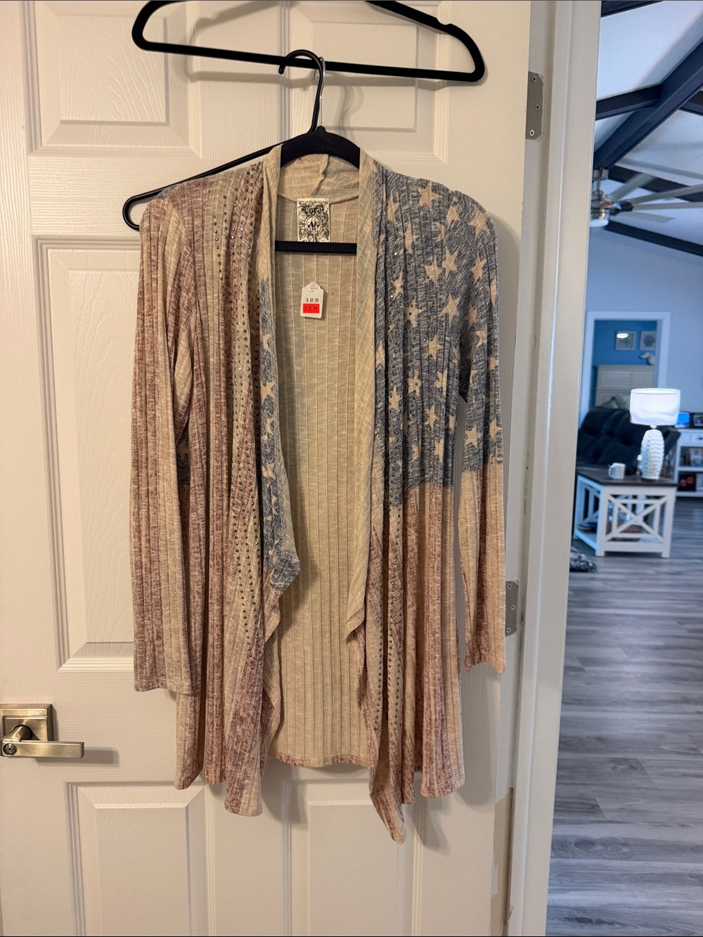 Vocal Open-Front Star & Stripe Cardigan in Beige and Faded Blue